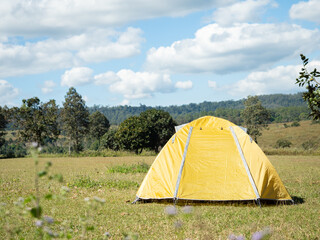 Yellow camping tent at camp site in the forest at Tung Saleang Luang National Park, Thailand