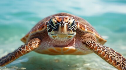 Fototapeta premium A close-up of a turtle swimming in clear blue water, showcasing its intricate shell patterns and vibrant eyes.