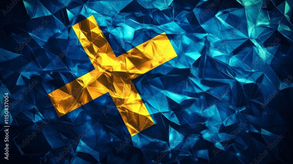 Poster abstract design featuring a bright yellow cross on a textured blue background with a crumpled effect