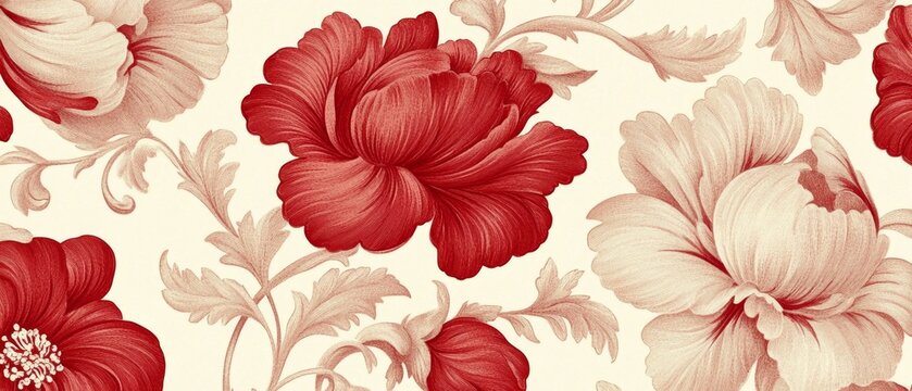 Vintage decorative bloom flowers seamless pattern for wallpaper. Traditional Floral Chinoiserie. Flowers illustration, red and cream floral wallpaper