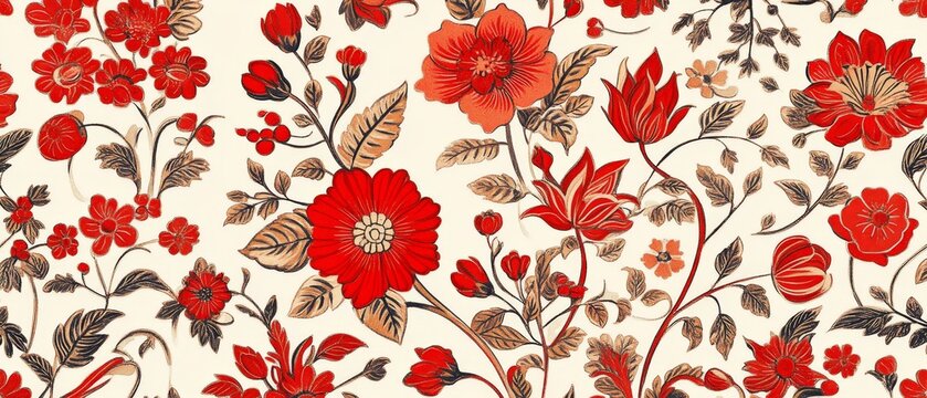 Vintage decorative bloom flowers seamless pattern for wallpaper. Traditional Floral Chinoiserie. Flowers illustration, red and cream floral wallpaper