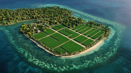 Aerial view of a lush, green island with organized agricultural plots, surrounded by vibrant blue waters and coral reefs.