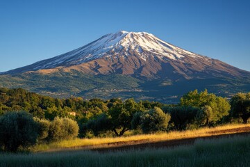 Fototapeta premium Majestic snow capped volcano overlooking a verdant landscape