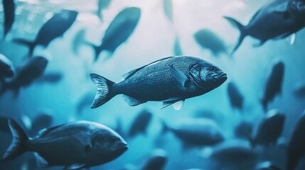 Obraz premium A school of fish swims gracefully in tranquil blue waters, showcasing their shimmering scales and fluid movement.