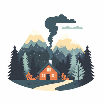  simple A mountain scene with a cozy cabin and smoke rising. flar vector