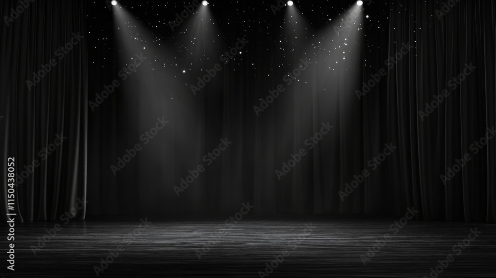 Poster spotlights illuminate an empty stage with black curtains in a theater setting, creating an atmospher