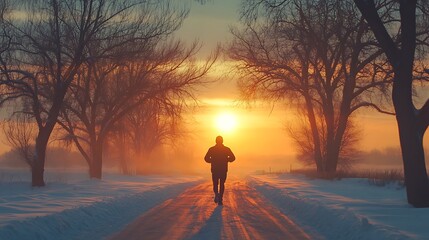 Obraz premium A man running along a quiet snowy road lined with barren trees under a dramatic winter sunset.