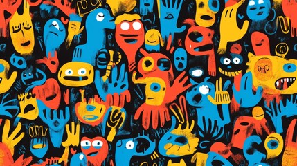 Obraz premium Colorful Abstract Artwork Depicting Diverse Faces and Hands in Vibrant Shades of Blue, Red, and Yellow Against a Dark Background