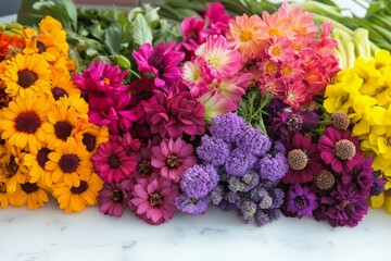 Obraz premium Vibrant arrangement of various colorful flowers on a white background in bright daylight