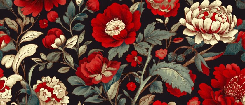 Vintage decorative bloom flowers seamless pattern for wallpaper. Traditional Floral Chinoiserie. Flowers illustration, red and cream floral wallpaper