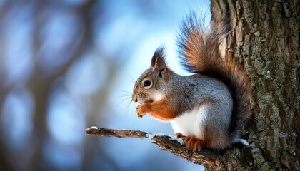Squirrel sitting in a tree in winter and looking for food, the best photo 