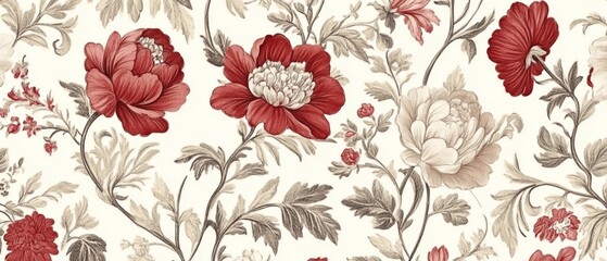 Vintage decorative bloom flowers seamless pattern for wallpaper. Traditional Floral Chinoiserie. Flowers illustration, red and cream floral wallpaper