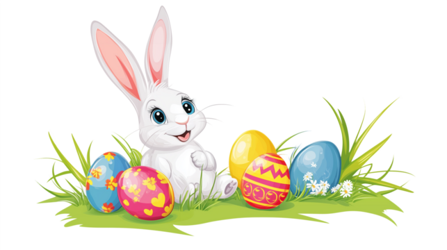 Easter Bunny with Colorful Eggs on Transparent Background, illustration