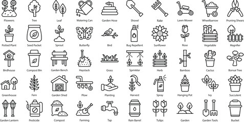 Garden Icon Set: 50 Vibrant Outline Vector Icons in Black