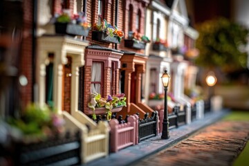 Naklejka premium A charming miniature row of houses with vibrant window boxes and a quaint street lamp.