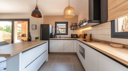 Modern kitchen with island, white cabinets, wood countertops, and black appliances.