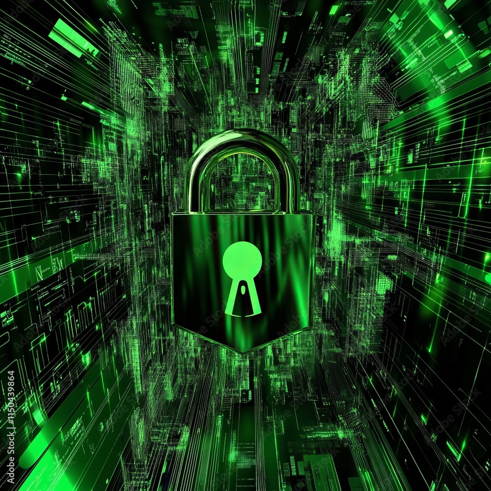 Poster digital padlock surrounded by streams of data representing cybersecurity in a futuristic environment