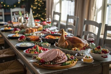 A lavish Christmas feast table laden with roasted turkey, ham, and an array of festive dishes.