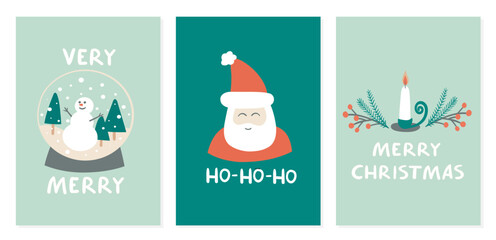Christmas Collection Greeting Cards in Modern Minimalistic Scandinavian Style. Illustration of Santa Claus, Candle, Fir Branches, Snowman and Snowball.