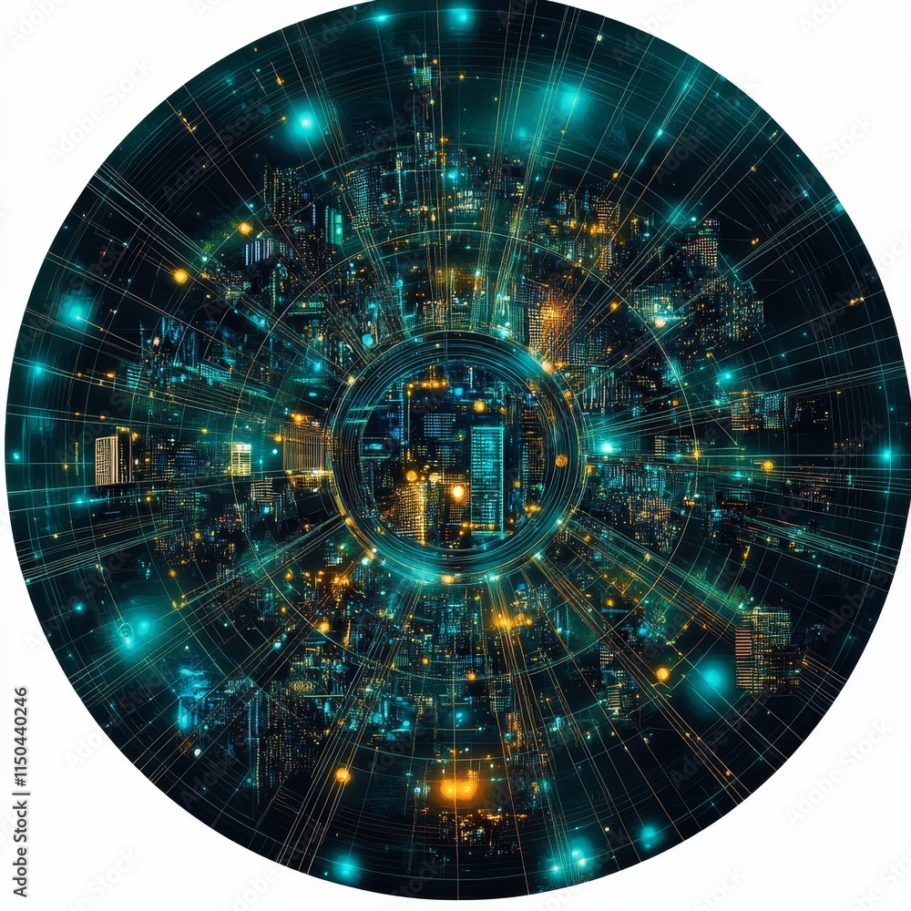 Poster digital cityscape with glowing lights and intricate lines creating a futuristic geometric pattern du