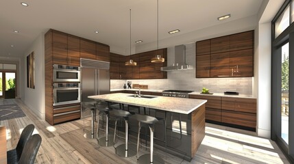 3D rendering of modern kitchen with sleek cabinets and island counter
