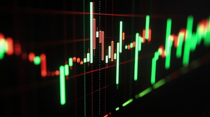 A 3D stock market graph with digital bars and lines in vibrant green and red, rising and falling on a black background. 