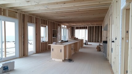 A line drawing shows a kitchen under construction with exposed studs and an island, plus wooden stools. This image is part of a set for a content generation website.