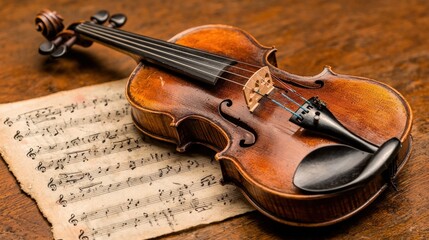 Fototapeta premium Antique violin rests on aged musical score.