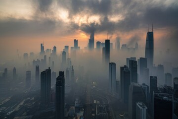 Sunrise over a foggy, polluted cityscape, skyscrapers shrouded in haze.