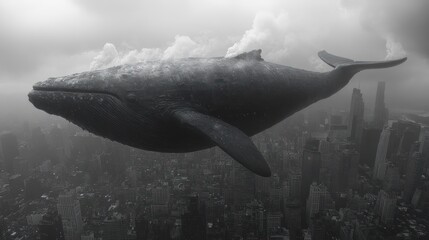 Fototapeta premium A giant whale swims over a cityscape, blending nature with urban life in a surreal manner.