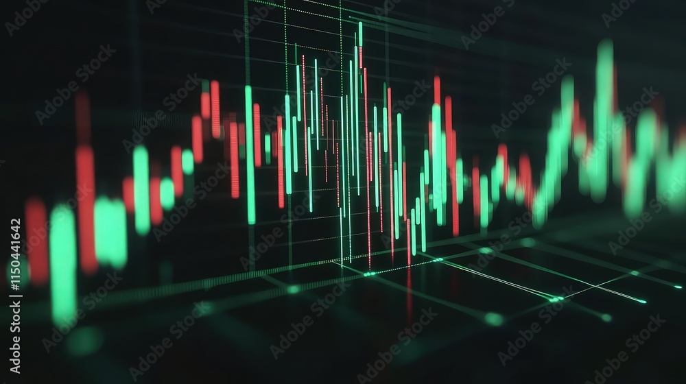 Poster a 3d stock market graph with rising and decreasing digital bars and lines in vivid red and green on 