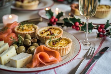 A Christmas appetizer platter featuring smoked salmon, cheese, olives, and mini quiches.