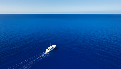 Naklejka premium A White Boat Floats Gently On A Vast Blue Ocean Surface.