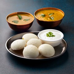 Generated image mini idli or idlies with sambar and coconut chutney- South Indian breakfast