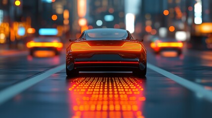 A sleek car emerges with vibrant taillights on a city street, reflecting a futuristic urban ambiance illuminated by glowing lights.