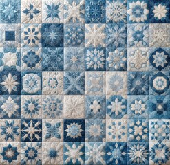 A quilt showcases intricate patterns resembling snowflakes, each block featuring unique blue and white designs