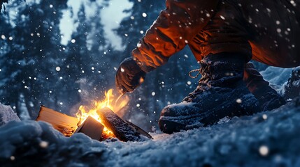 A rugged man wearing insulated boots and a warm jacket, chopping wood next to a campfire in a snowy forest.