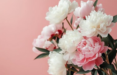Obraz premium Beautiful peonies blooming against a soft pastel background in springtime sunlight