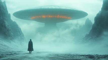 Fototapeta premium A man stands in front of a large, glowing, alien-like object