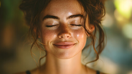 close up of woman with freckles, smiling joyfully with closed eyes