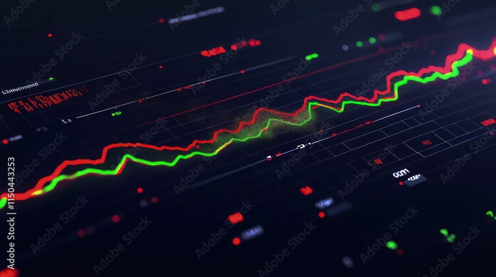 Poster a digital graph showing a fluctuating line in vivid red and green, set on a sleek dark interface wit