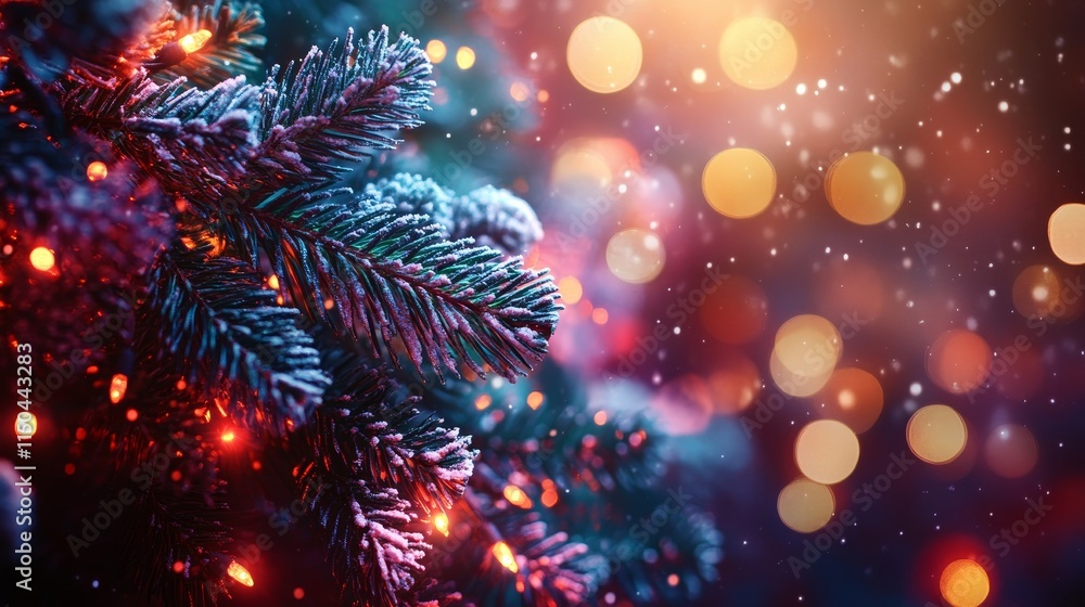 Poster snow-covered evergreen branches adorned with colorful lights and bokeh effects during a festive wint