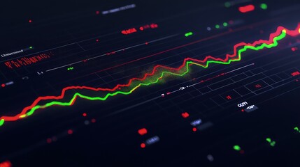 A digital graph showing a fluctuating line in vivid red and green, set on a sleek dark interface with floating numbers. 
