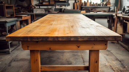 A thick pine wood workbench-style table photographed in a workshop environment from a frontal angle.