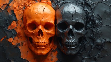 Two skulls, one orange and one black, are displayed on a wall