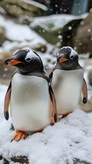 Fototapeta premium Penguins standing together in snowy habitat during a winter day