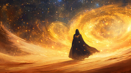 A mystical desert landscape where Ladesha a celestial traveler walks beneath a sky filled with swirling golden constellations.