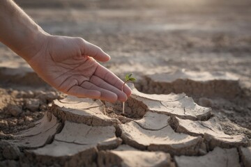 A hand gently protects a small sprout emerging from cracked, dry earth, symbolizing hope and resilience.