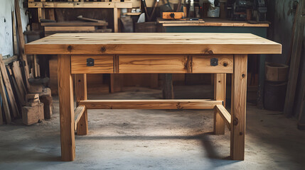 A thick pine wood workbench-style table photographed in a workshop environment from a frontal angle.