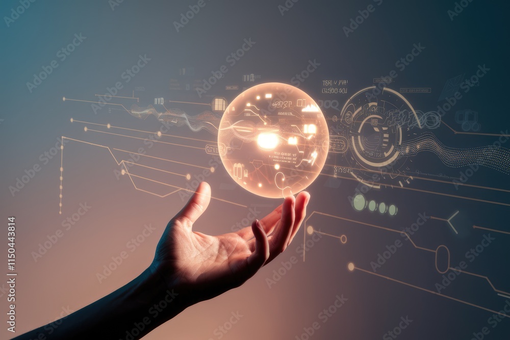 Aufkleber A hand holds a glowing orb displaying intricate data visualizations, representing technological advancements and data control.